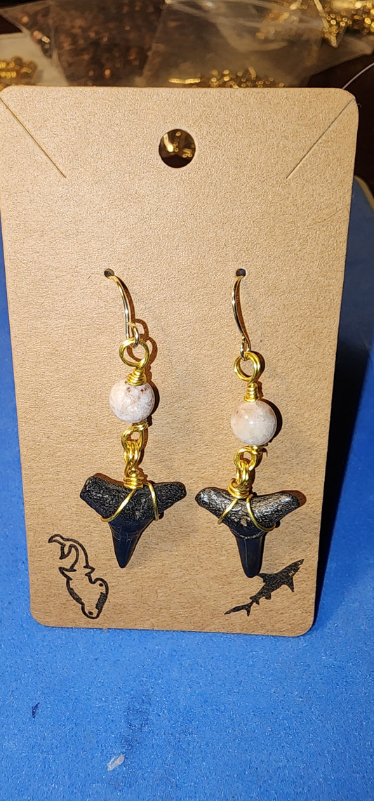 Long Gold Natural Healing Stone & Shark Tooth Earrings