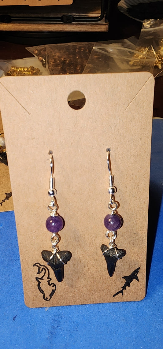 Long Silver Natural Healing Stone & Shark Tooth Earrings