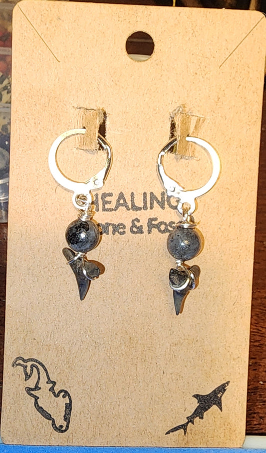 Short Silver Natural Healing Stone & Shark Tooth Earrings