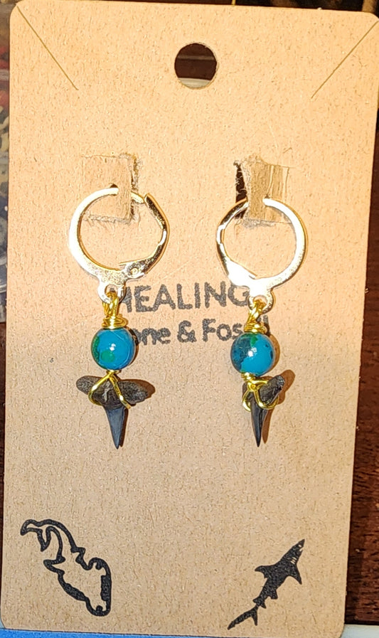 Short Gold Natural Healing Stone & Shark Tooth Earrings