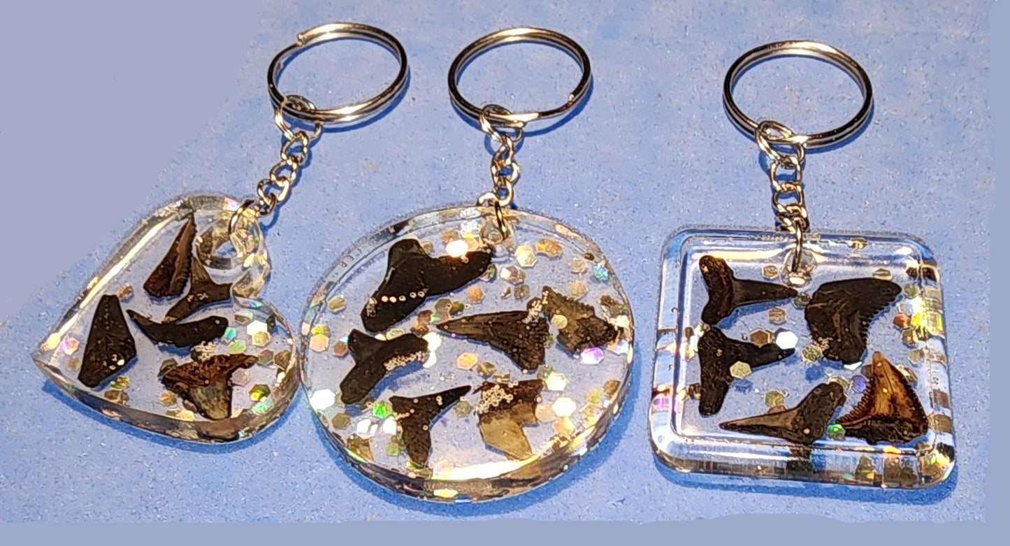 Glitter Fossil Shark Tooth Keychain (Heart/Round/Square)